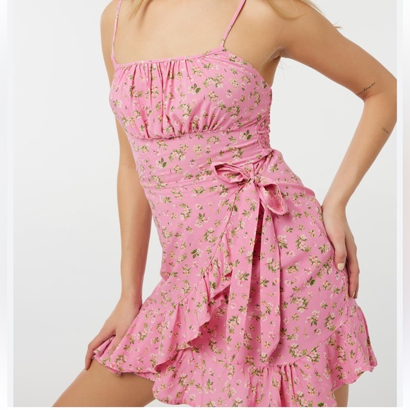 Blue Floral Mini Tie Dress with Ruffles 100% Rayon - Picture 7 of 9